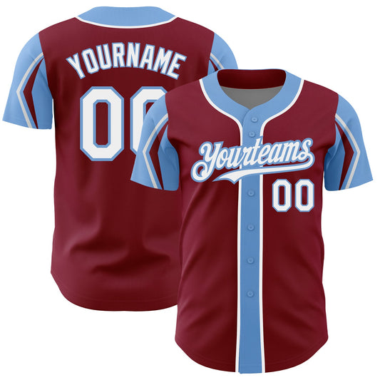 Custom Crimson White-Light Blue 3 Colors Arm Shapes Authentic Baseball Jersey - Main View