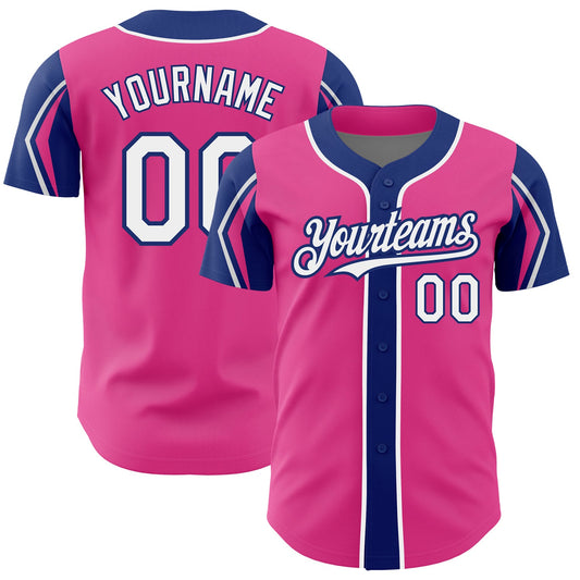 Custom Pink White-Royal 3 Colors Arm Shapes Authentic Baseball Jersey - Main View