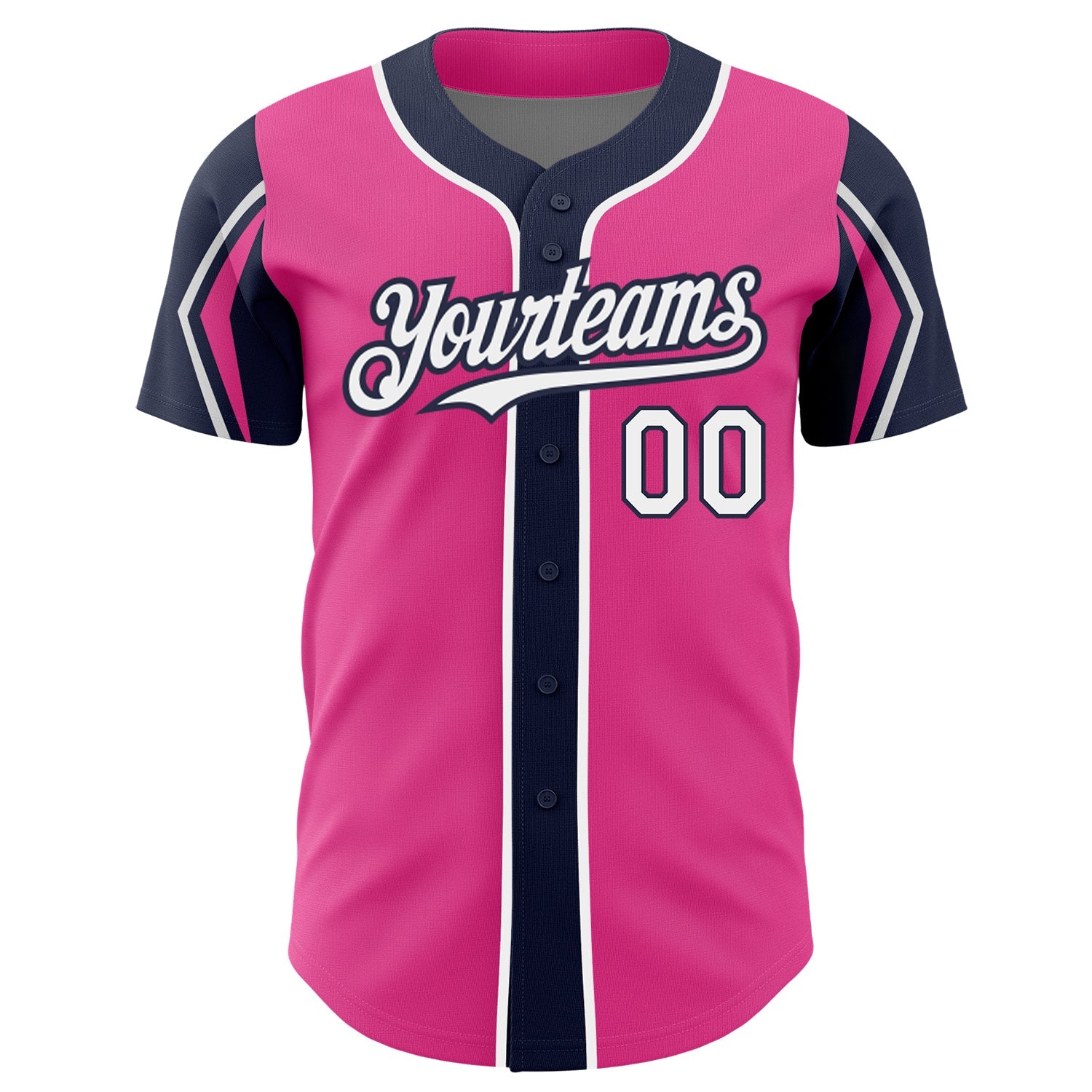 Custom Pink White-Navy 3 Colors Arm Shapes Authentic Baseball Jersey view 3