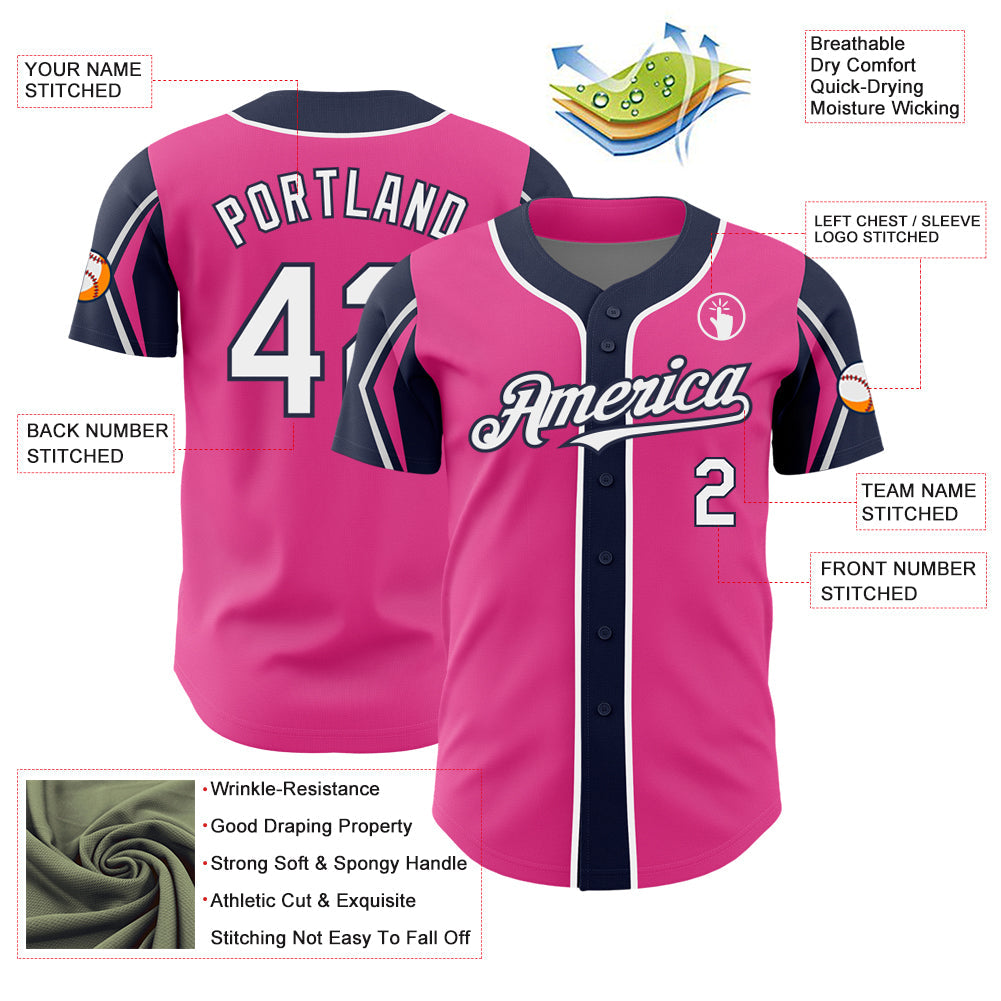 Custom Pink White-Navy 3 Colors Arm Shapes Authentic Baseball Jersey view 4