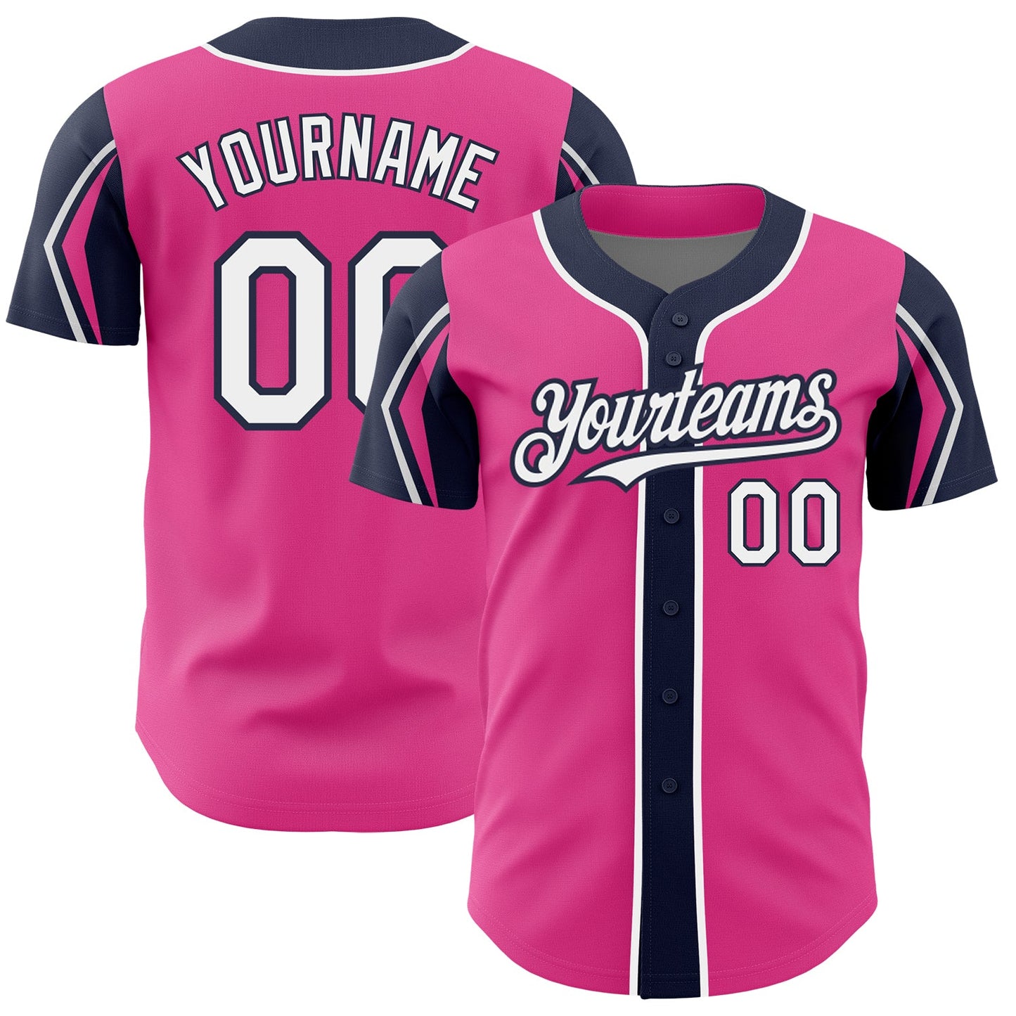 Custom Pink White-Navy 3 Colors Arm Shapes Authentic Baseball Jersey - Main View