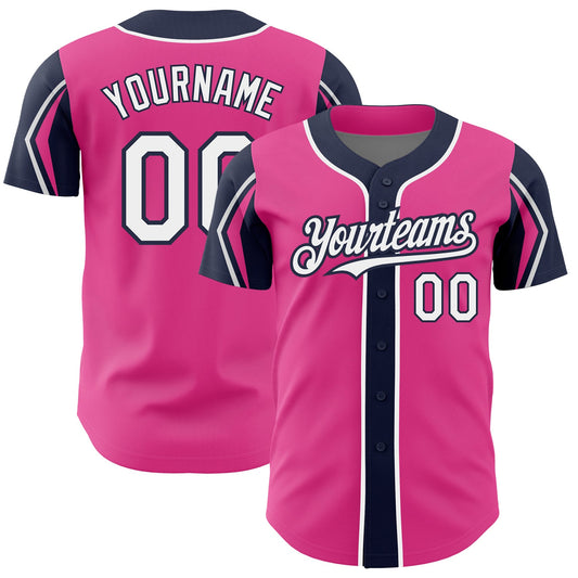 Custom Pink White-Navy 3 Colors Arm Shapes Authentic Baseball Jersey - Main View