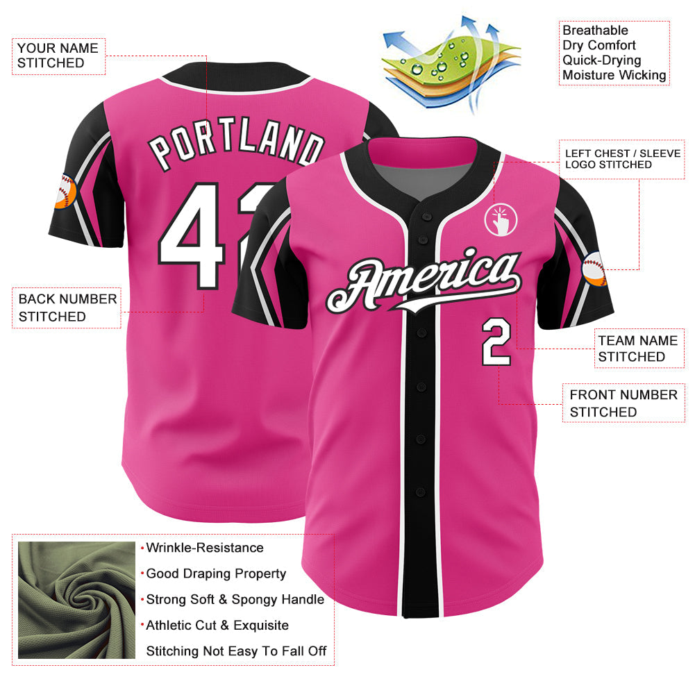 Custom Pink White-Black 3 Colors Arm Shapes Authentic Baseball Jersey view 4