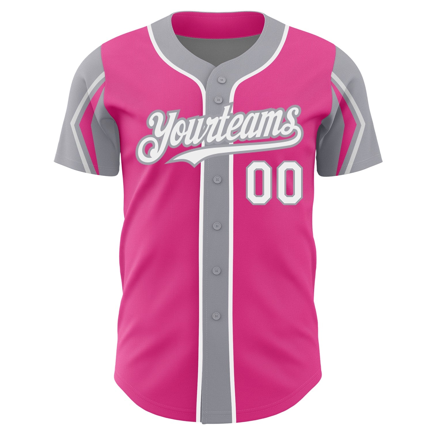 Custom Pink White-Gray 3 Colors Arm Shapes Authentic Baseball Jersey view 3