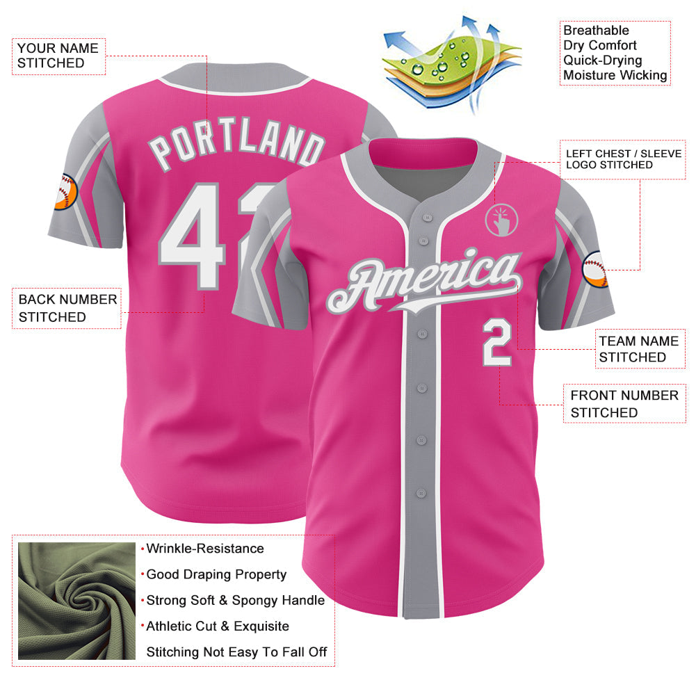 Custom Pink White-Gray 3 Colors Arm Shapes Authentic Baseball Jersey view 4