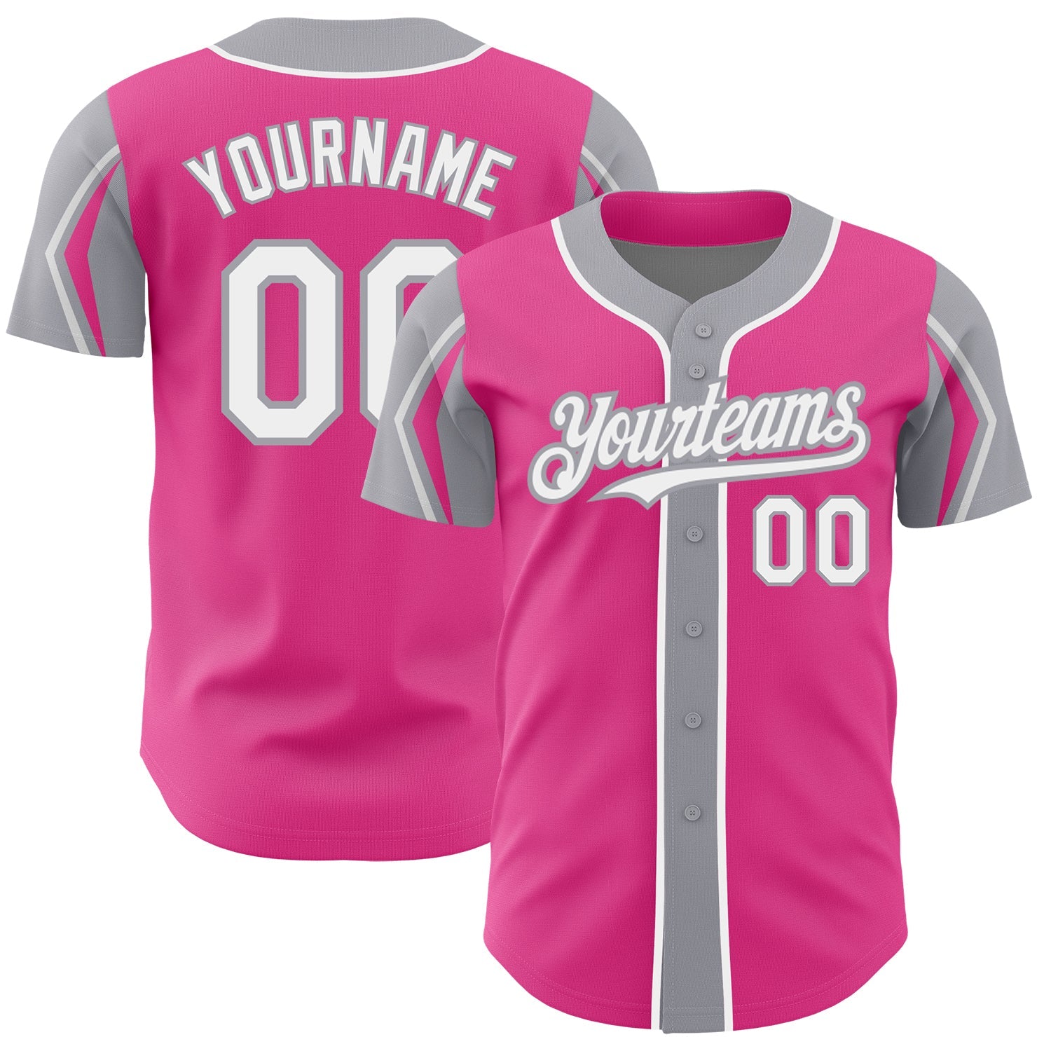 Custom Pink White-Gray 3 Colors Arm Shapes Authentic Baseball Jersey - Main View
