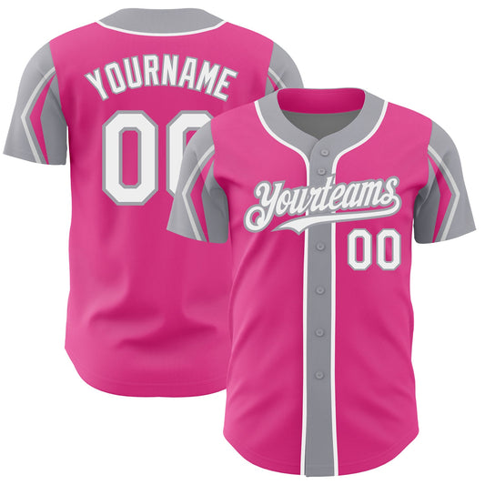 Custom Pink White-Gray 3 Colors Arm Shapes Authentic Baseball Jersey - Main View