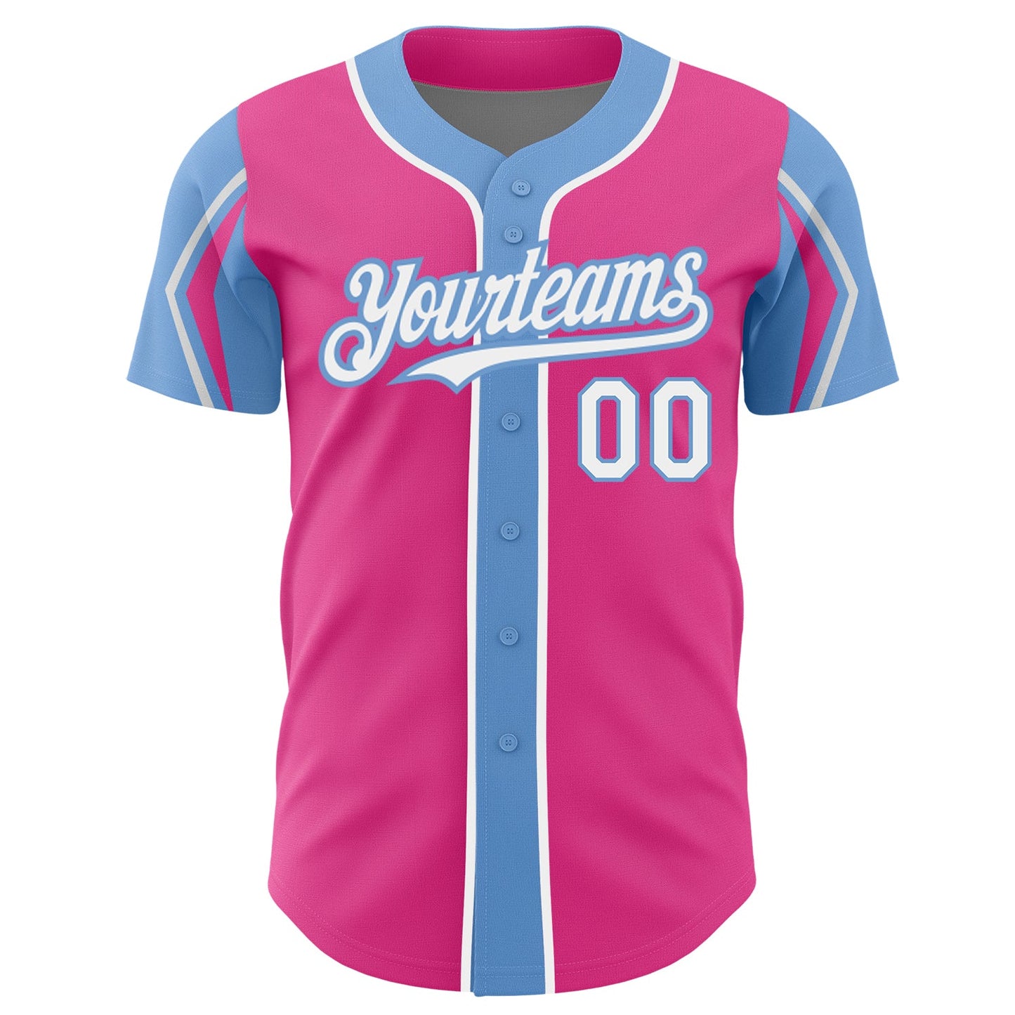 Custom Pink White-Light Blue 3 Colors Arm Shapes Authentic Baseball Jersey view 3