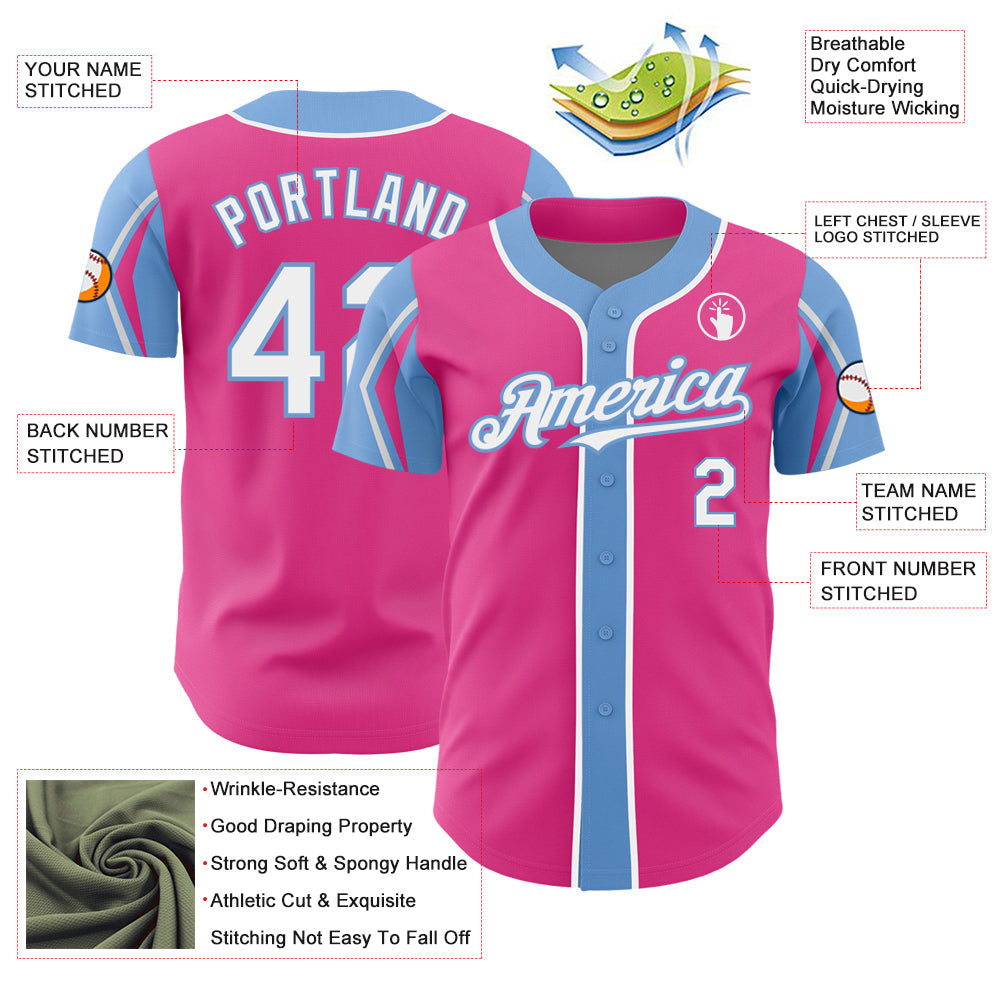 Custom Pink White-Light Blue 3 Colors Arm Shapes Authentic Baseball Jersey view 4
