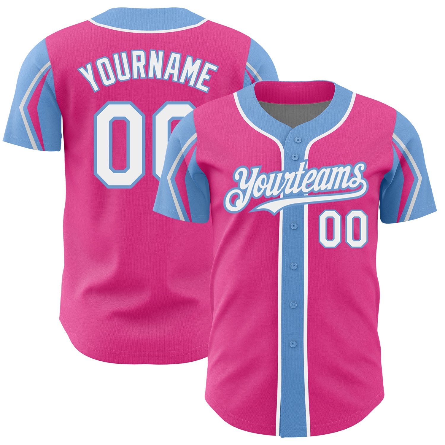 Custom Pink White-Light Blue 3 Colors Arm Shapes Authentic Baseball Jersey - Main View