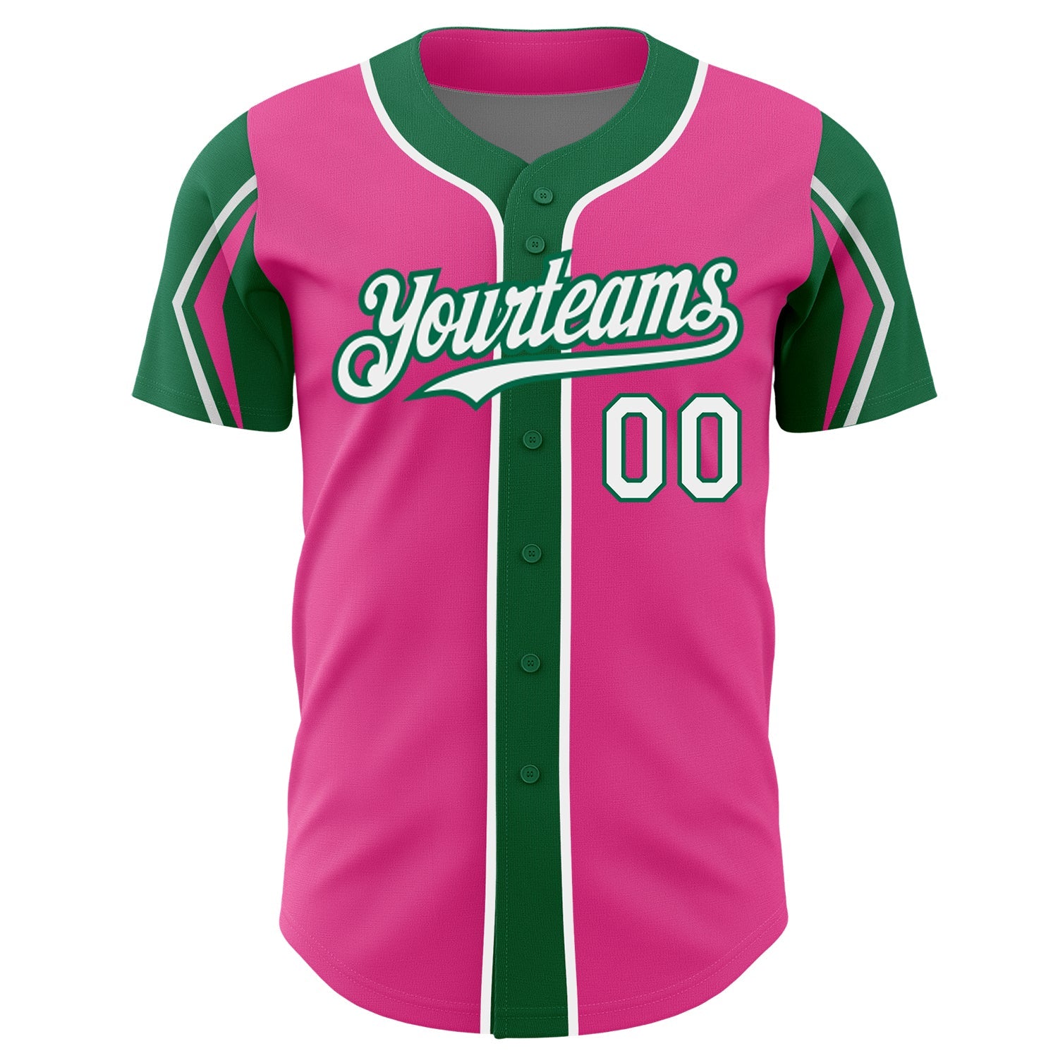 Custom Pink White-Kelly Green 3 Colors Arm Shapes Authentic Baseball Jersey view 3