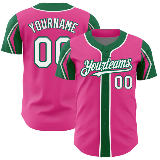 Custom Pink White-Kelly Green 3 Colors Arm Shapes Authentic Baseball Jersey - Main View
