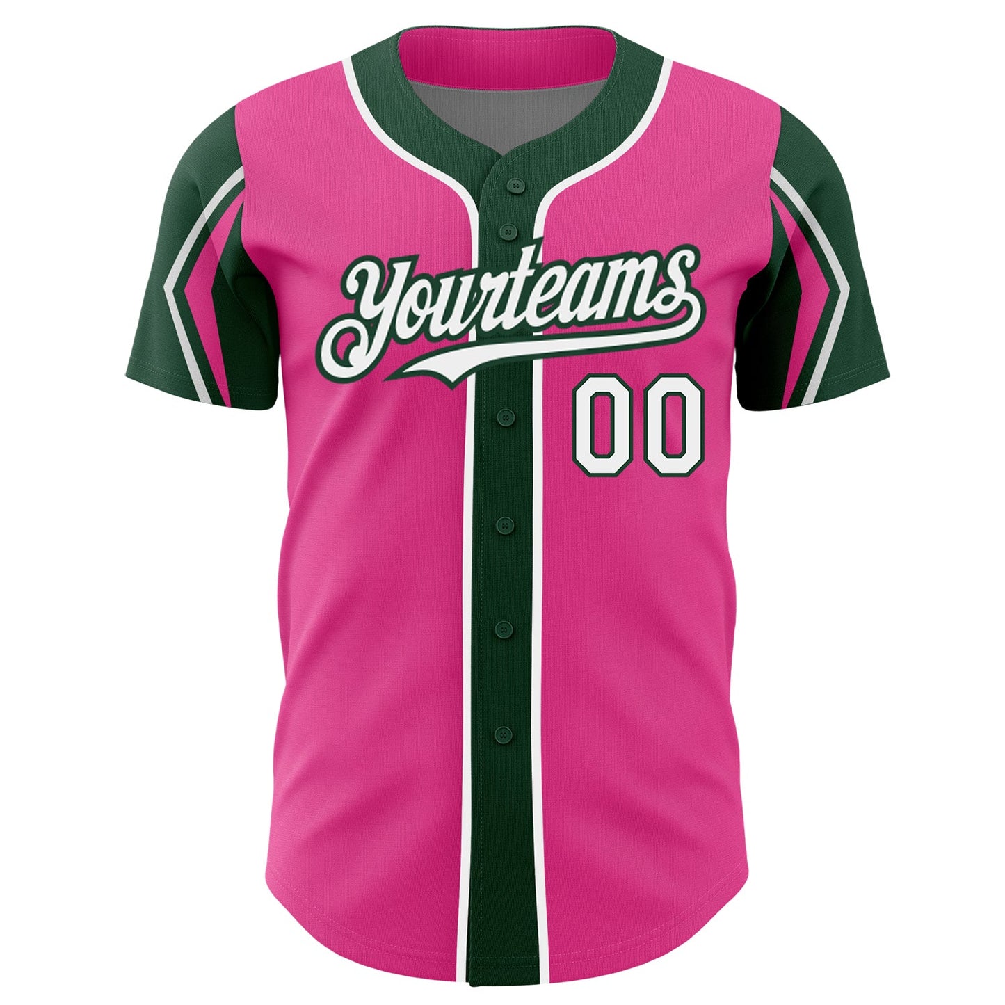 Custom Pink White-Green 3 Colors Arm Shapes Authentic Baseball Jersey view 3