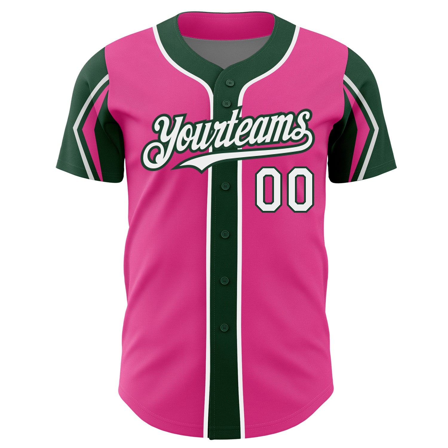 Custom Pink White-Green 3 Colors Arm Shapes Authentic Baseball Jersey view 3