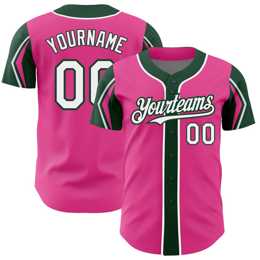 Custom Pink White-Green 3 Colors Arm Shapes Authentic Baseball Jersey - Main View