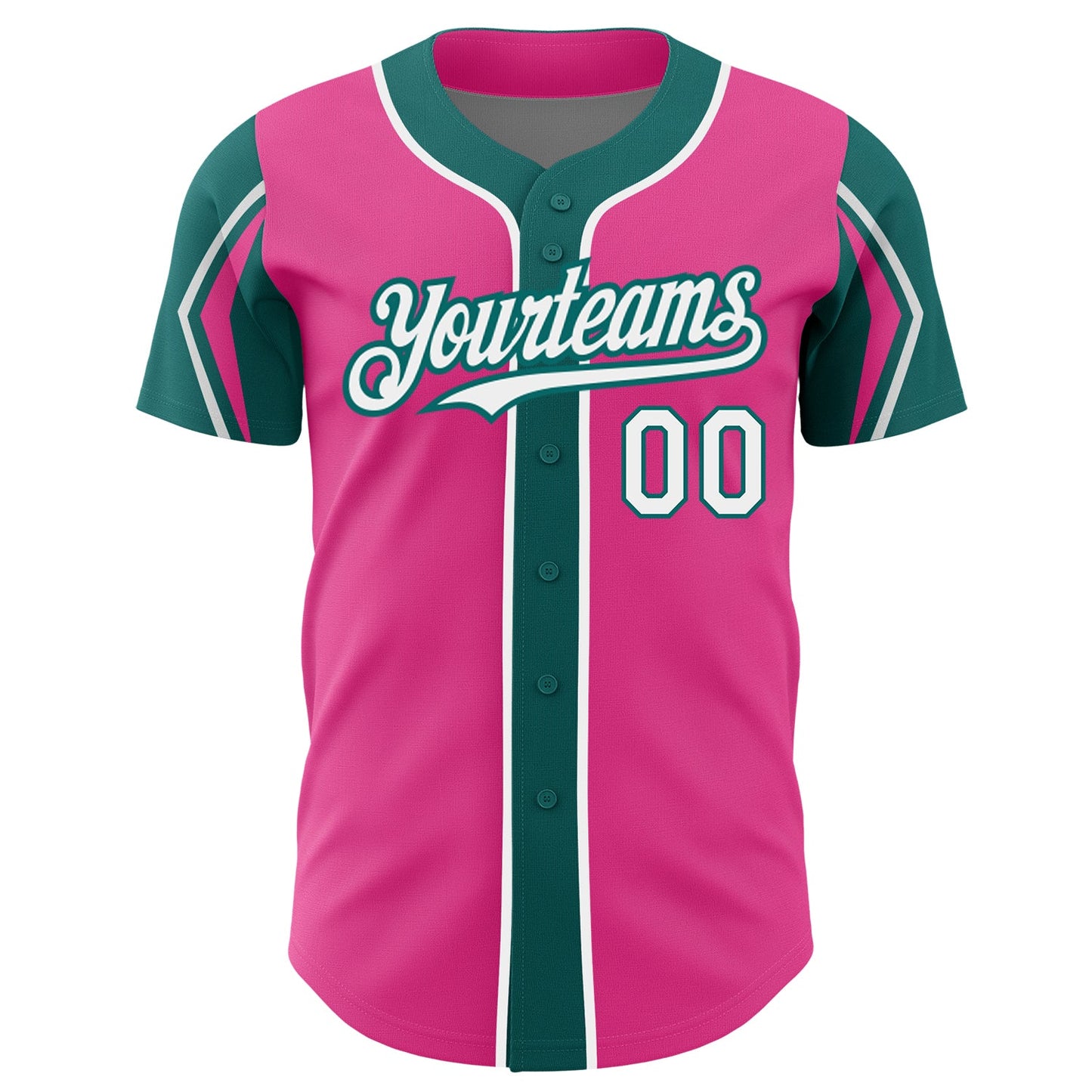 Custom Pink White-Teal 3 Colors Arm Shapes Authentic Baseball Jersey view 3
