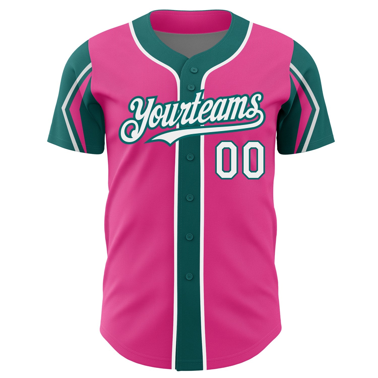 Custom Pink White-Teal 3 Colors Arm Shapes Authentic Baseball Jersey view 3