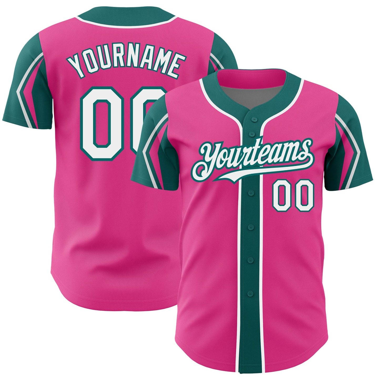 Custom Pink White-Teal 3 Colors Arm Shapes Authentic Baseball Jersey - Main View