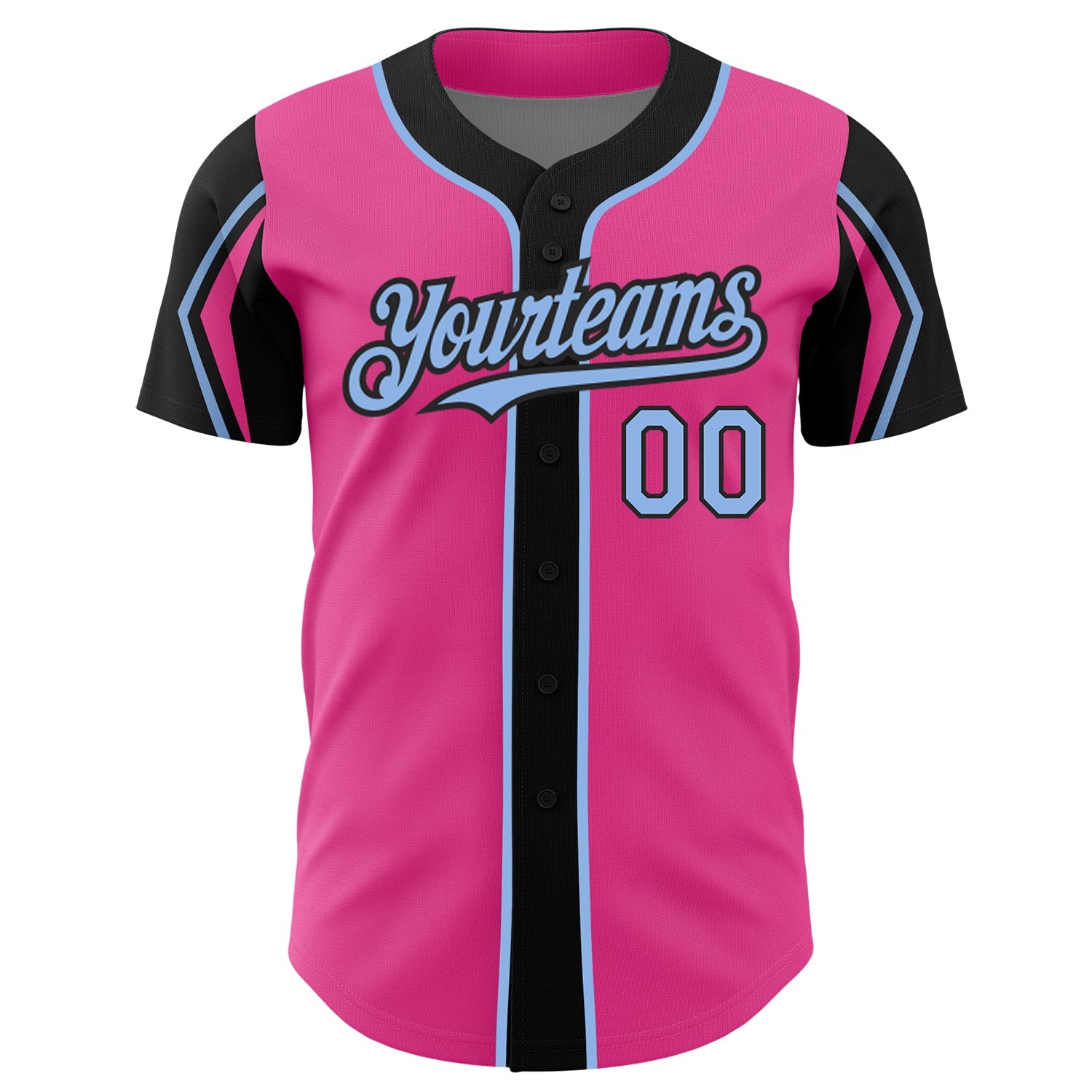 Custom Pink Light Blue-Black 3 Colors Arm Shapes Authentic Baseball Jersey view 3