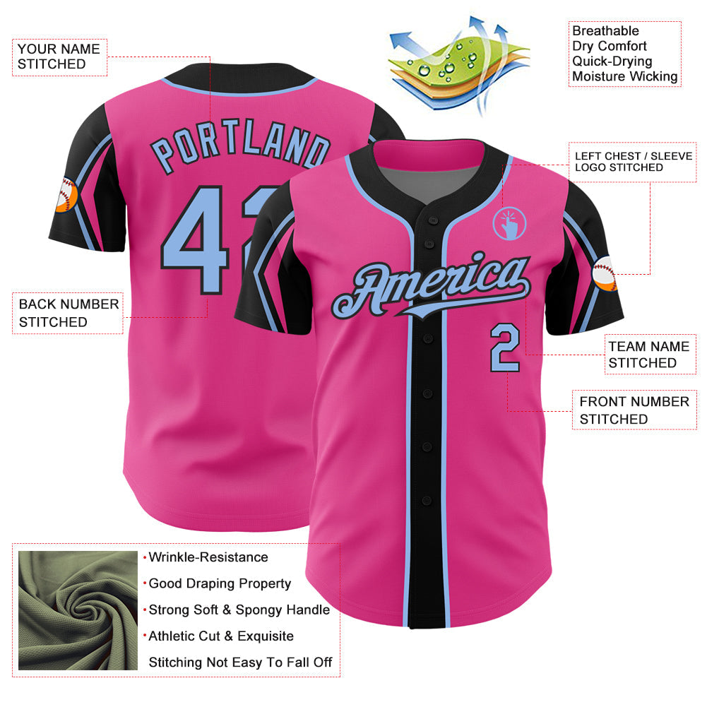 Custom Pink Light Blue-Black 3 Colors Arm Shapes Authentic Baseball Jersey view 4