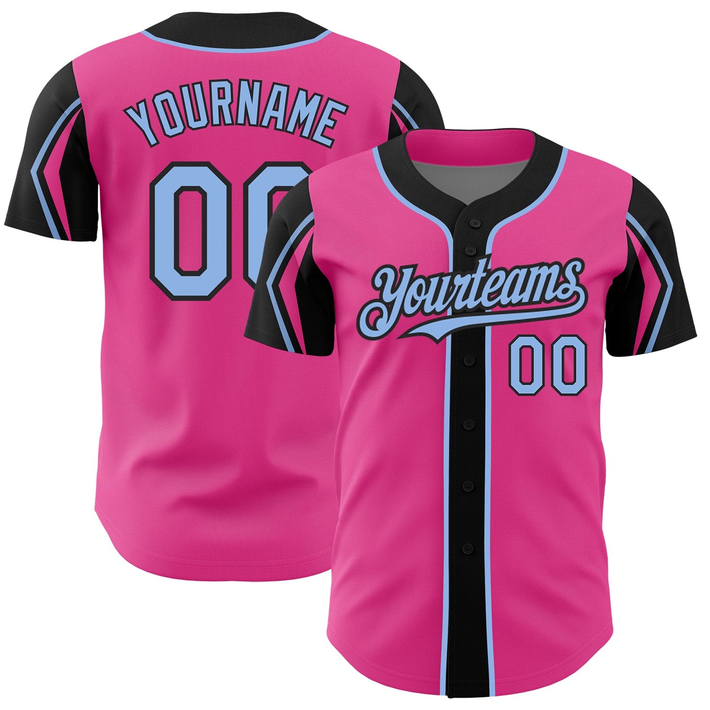 Custom Pink Light Blue-Black 3 Colors Arm Shapes Authentic Baseball Jersey - Main View