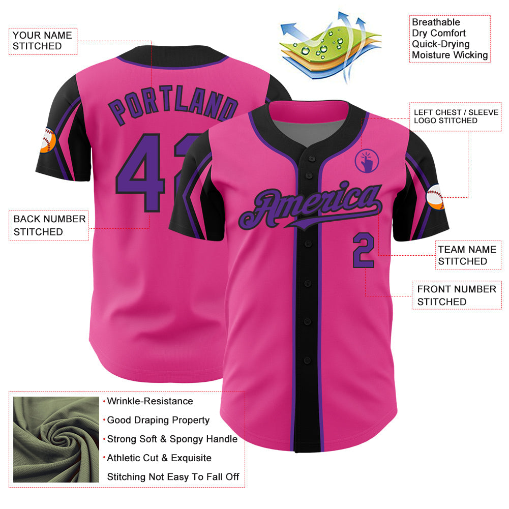 Custom Pink Purple-Black 3 Colors Arm Shapes Authentic Baseball Jersey view 4