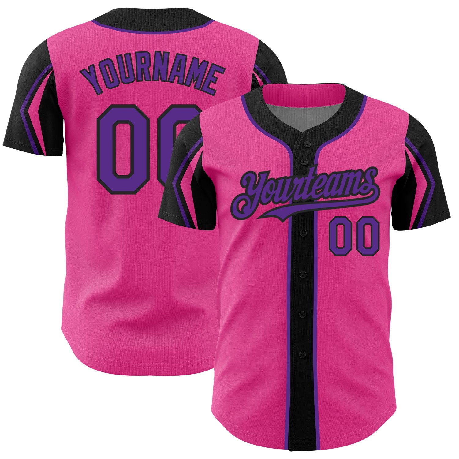 Custom Pink Purple-Black 3 Colors Arm Shapes Authentic Baseball Jersey - Main View