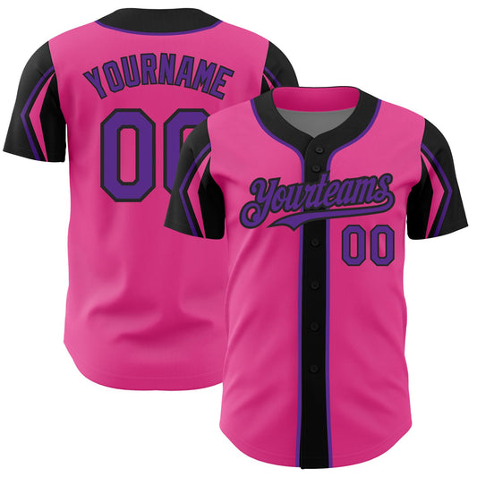 Custom Pink Purple-Black 3 Colors Arm Shapes Authentic Baseball Jersey - Main View