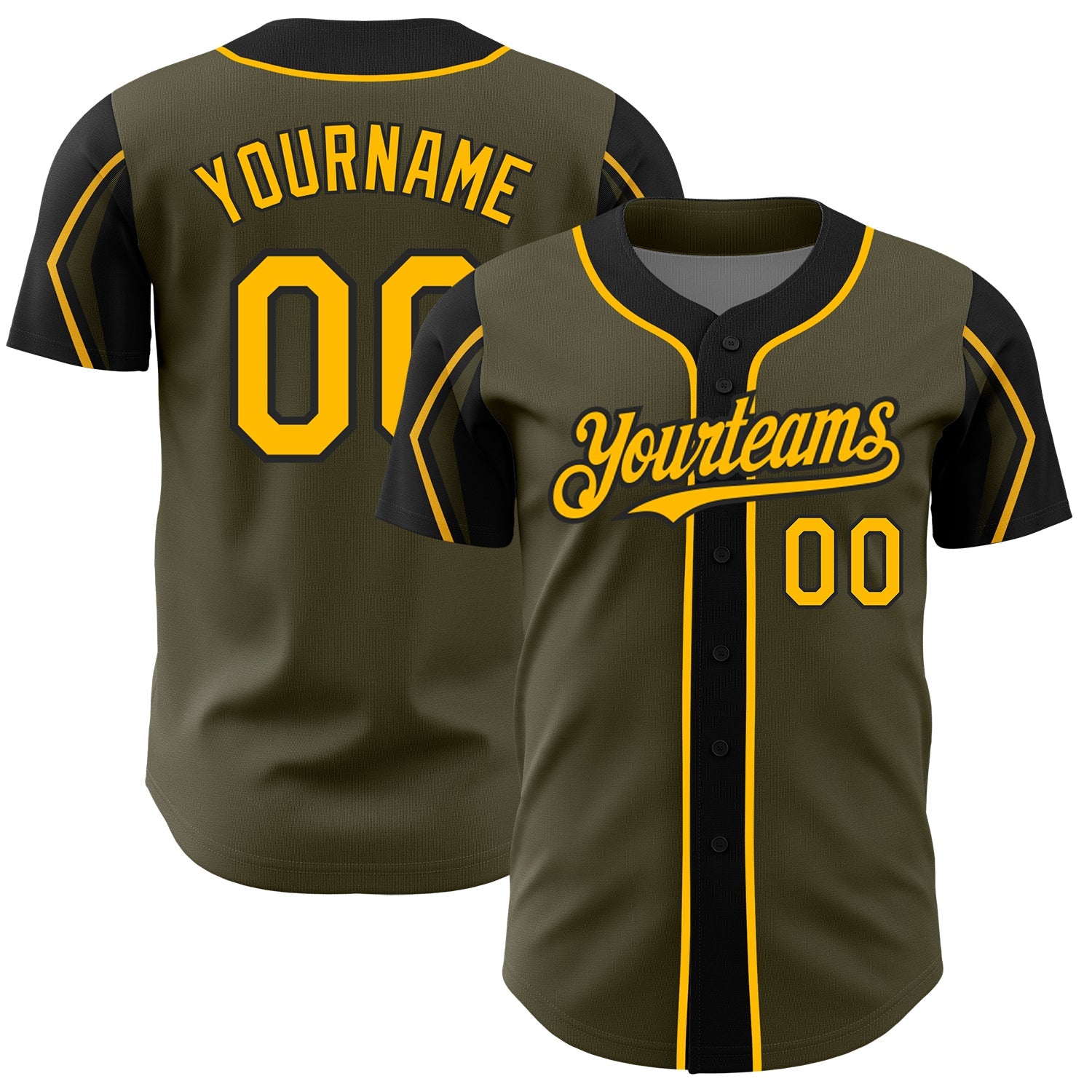 Custom Olive Gold-Black 3 Colors Arm Shapes Authentic Salute To Service Baseball Jersey - Main View