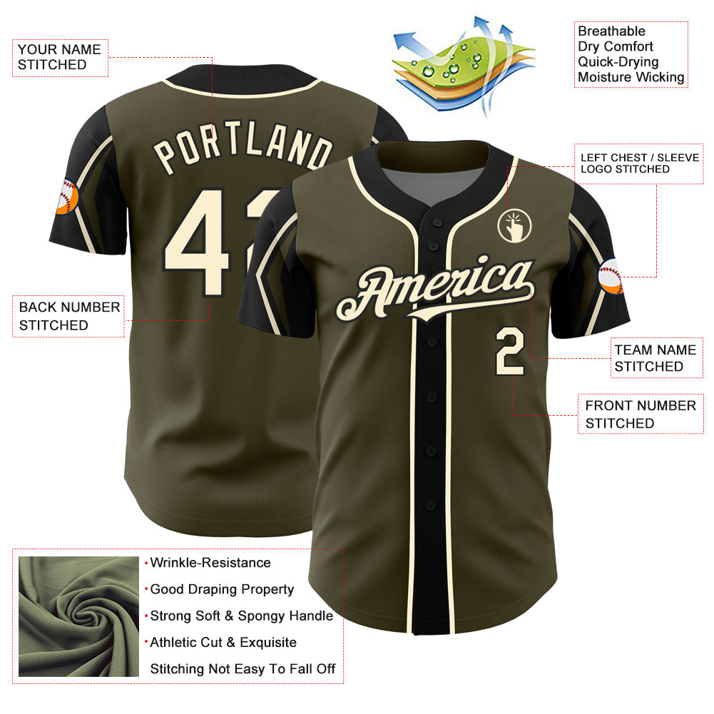 Custom Olive Cream-Black 3 Colors Arm Shapes Authentic Salute To Service Baseball Jersey view 4