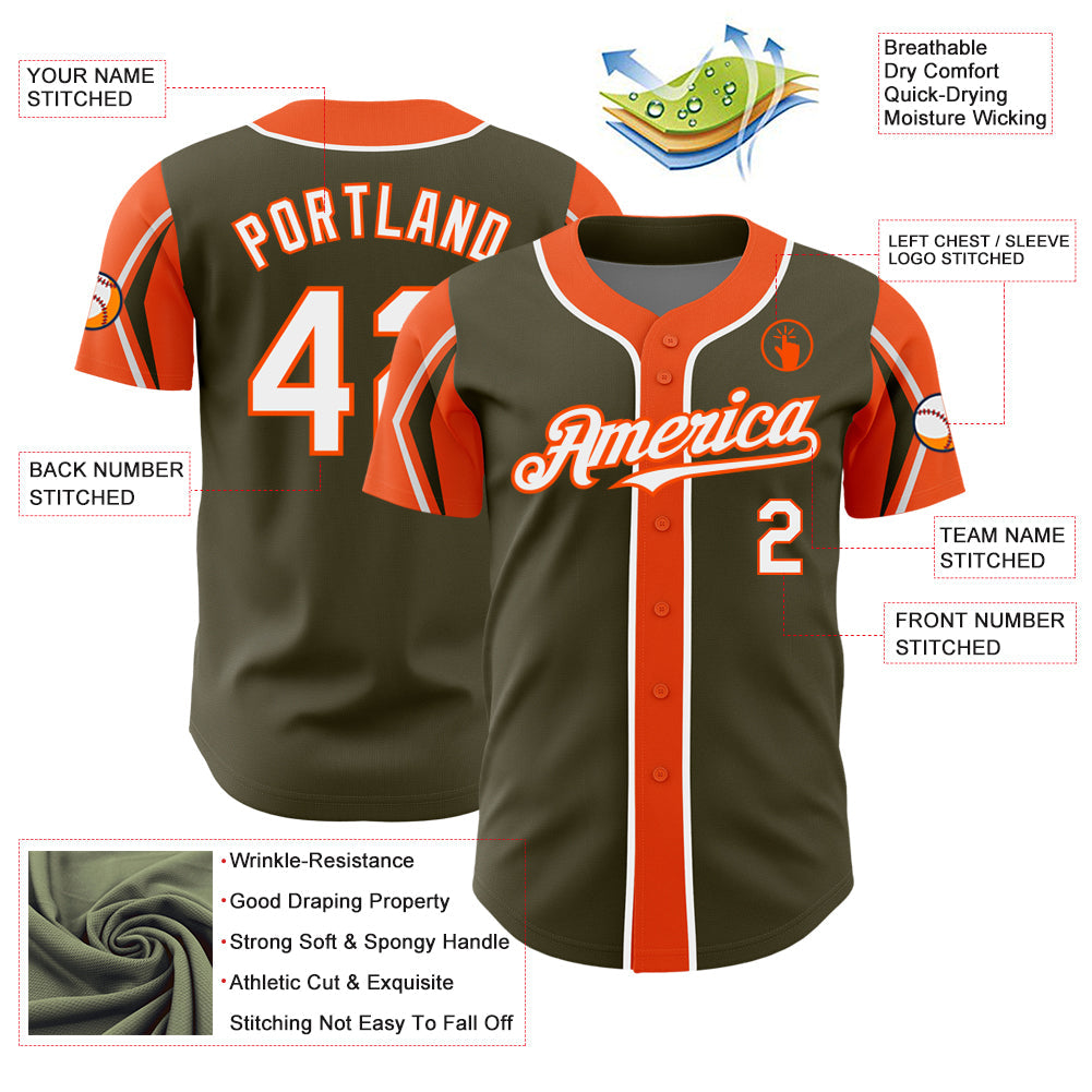 Custom Olive White-Orange 3 Colors Arm Shapes Authentic Salute To Service Baseball Jersey view 4
