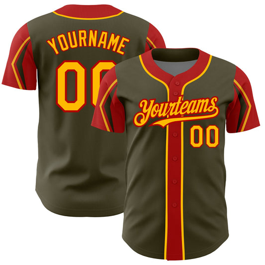 Custom Olive Gold-Red 3 Colors Arm Shapes Authentic Salute To Service Baseball Jersey - Main View