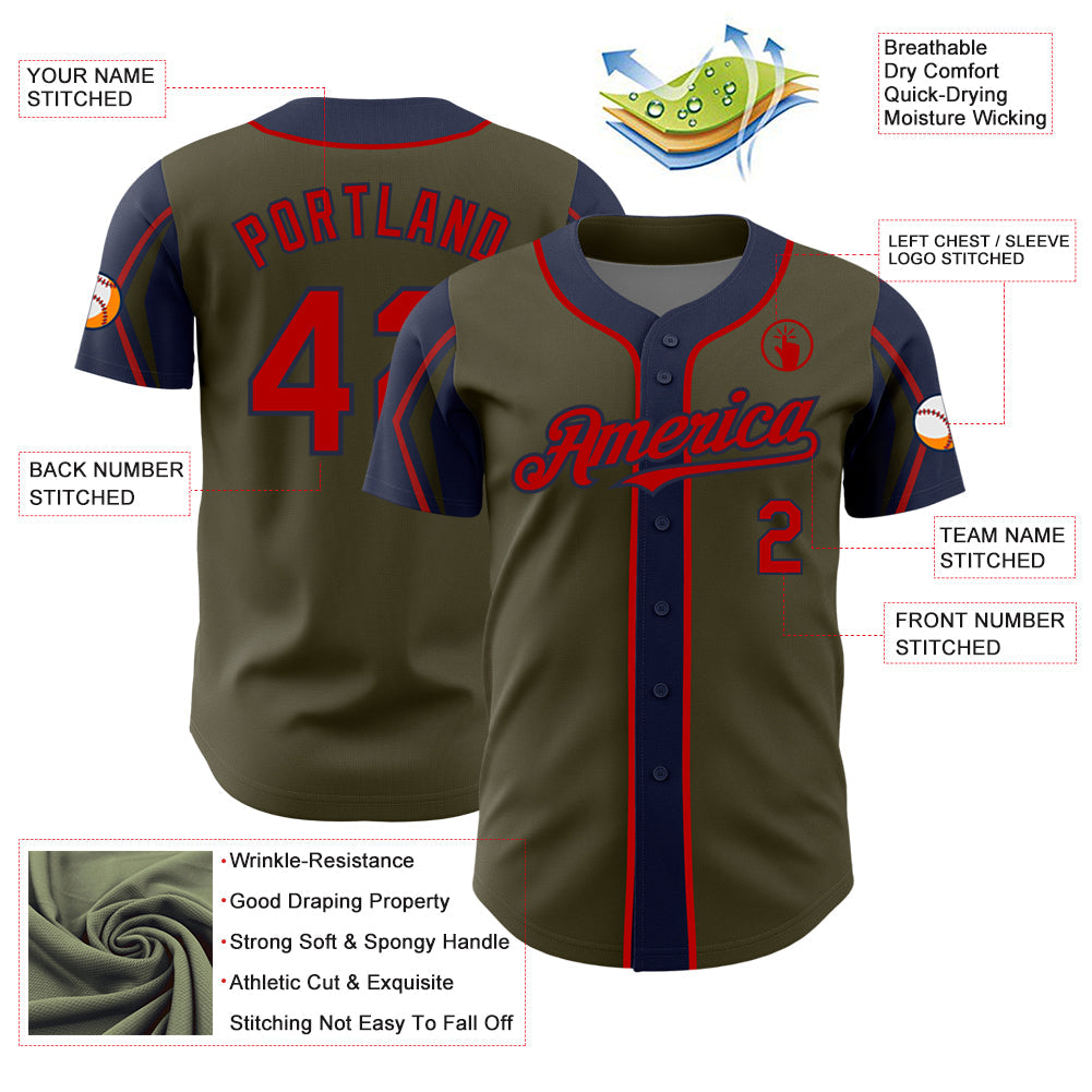 Custom Olive Red-Navy 3 Colors Arm Shapes Authentic Salute To Service Baseball Jersey view 4