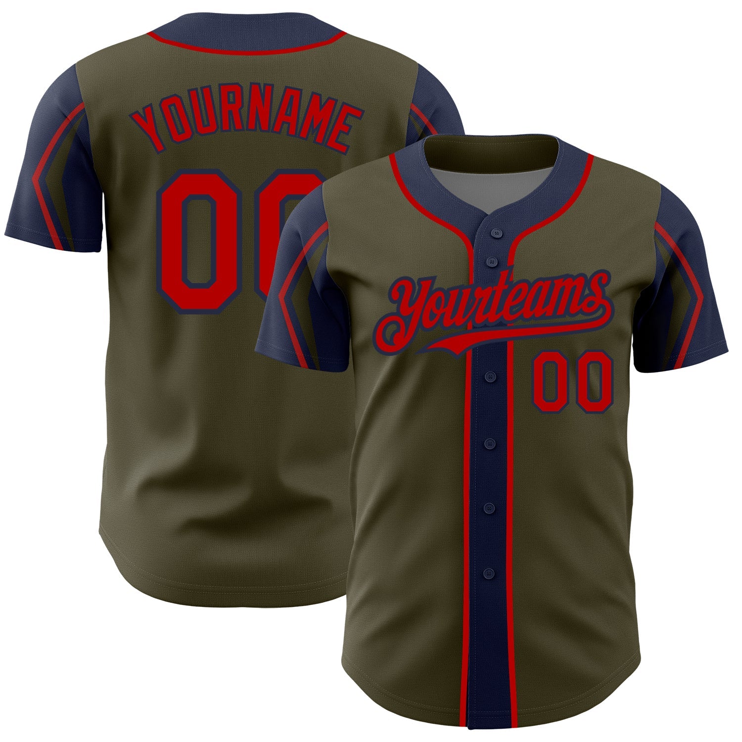 Custom Olive Red-Navy 3 Colors Arm Shapes Authentic Salute To Service Baseball Jersey - Main View