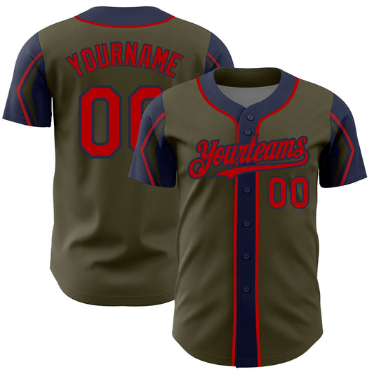 Custom Olive Red-Navy 3 Colors Arm Shapes Authentic Salute To Service Baseball Jersey - Main View