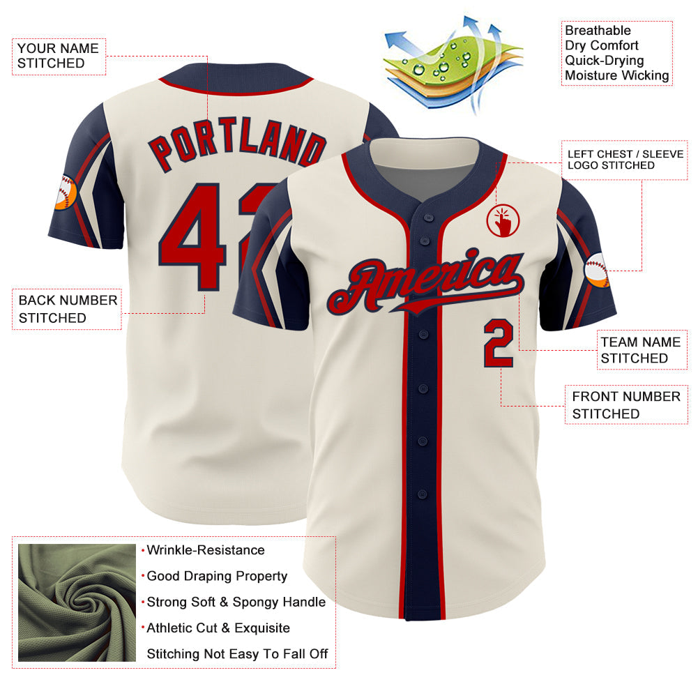 Custom Cream Red-Navy 3 Colors Arm Shapes Authentic Baseball Jersey view 4