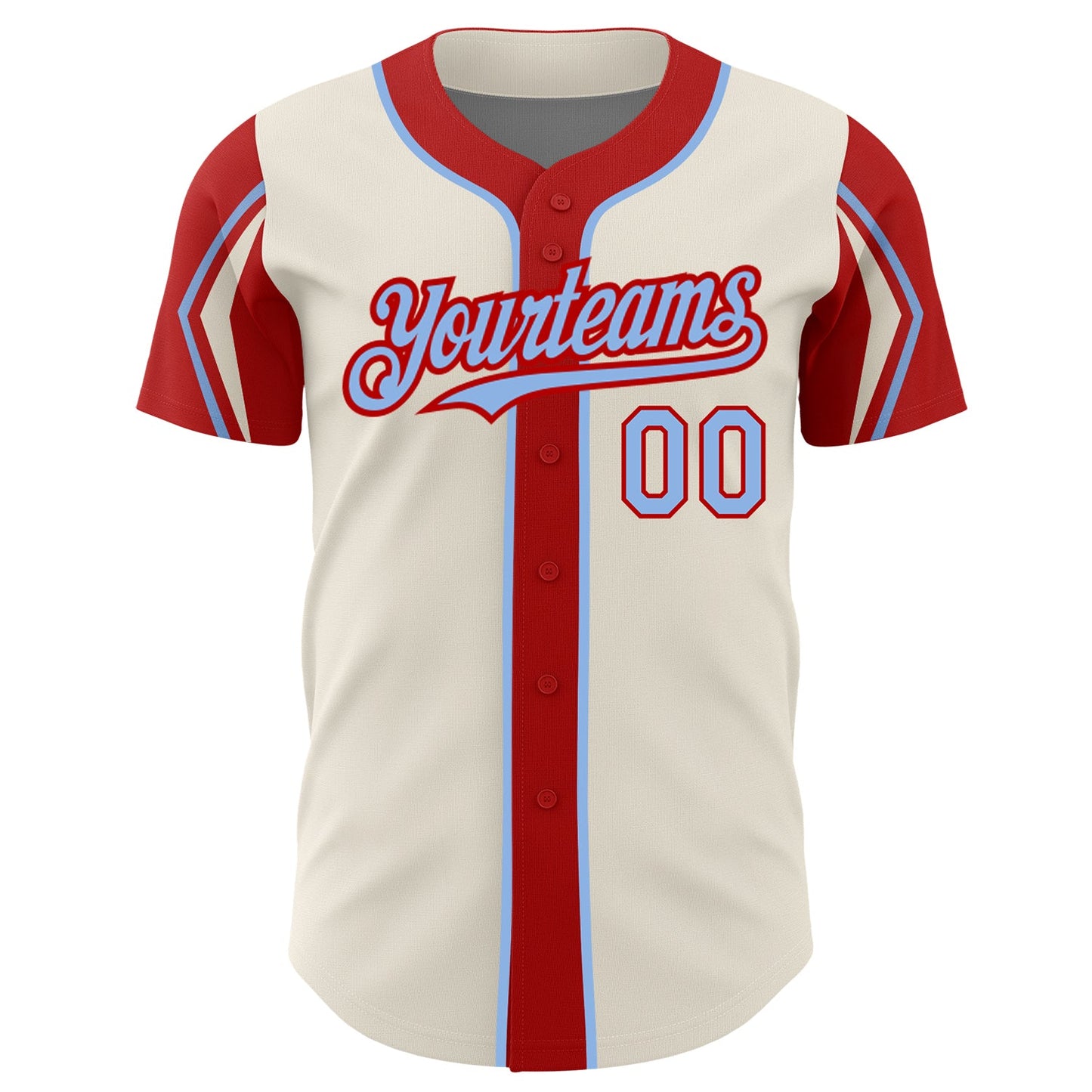 Custom Cream Light Blue-Red 3 Colors Arm Shapes Authentic Baseball Jersey view 3