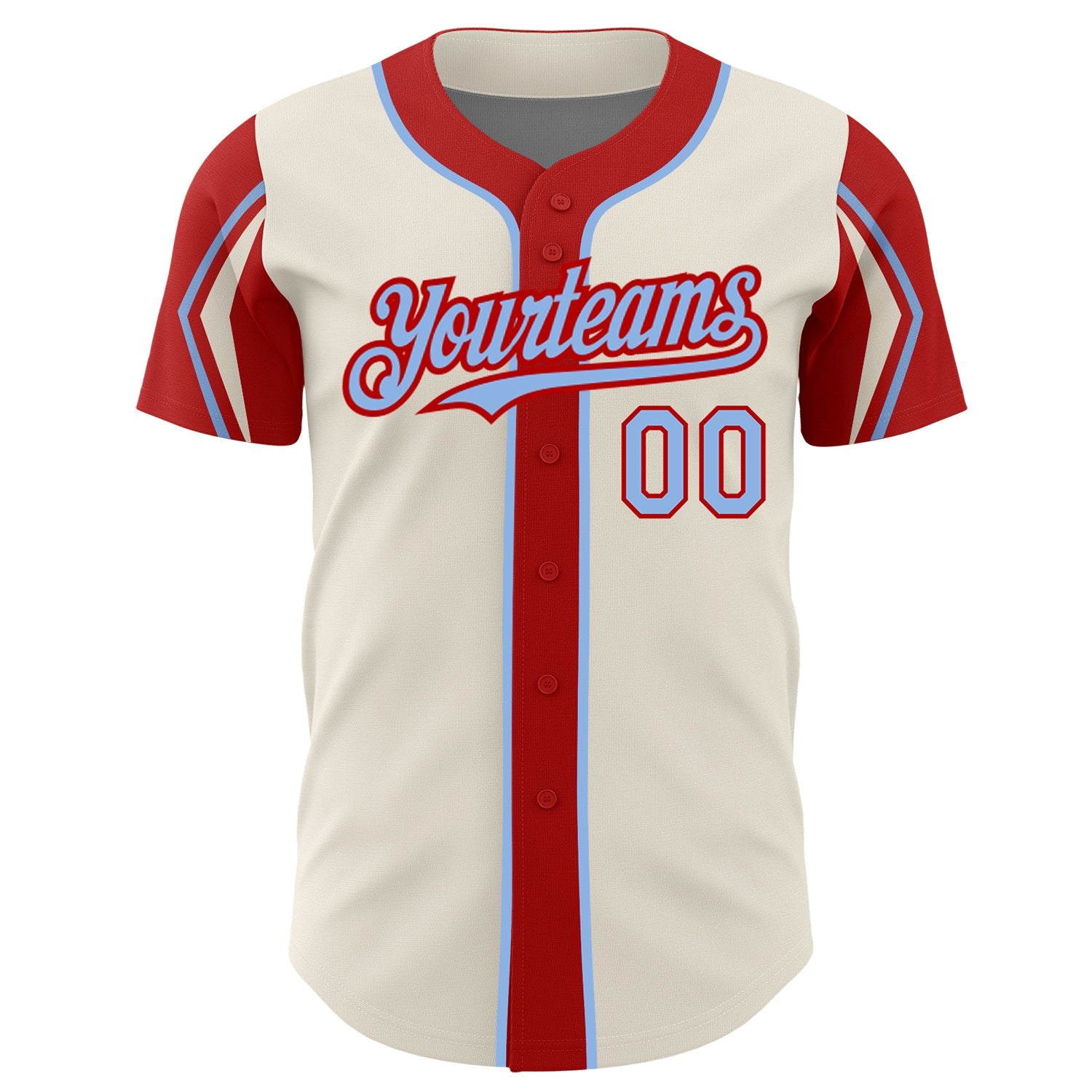 Custom Cream Light Blue-Red 3 Colors Arm Shapes Authentic Baseball Jersey view 3