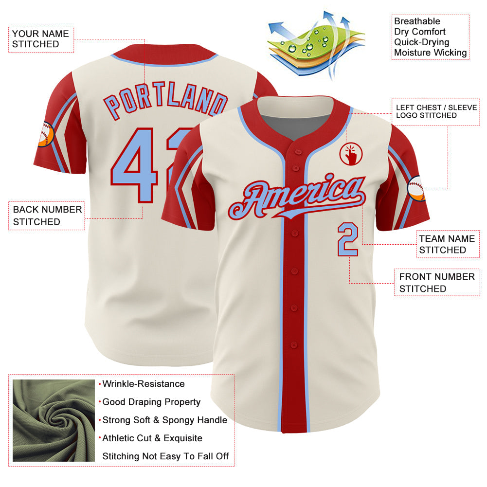 Custom Cream Light Blue-Red 3 Colors Arm Shapes Authentic Baseball Jersey view 4