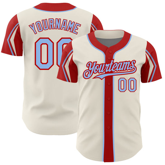 Custom Cream Light Blue-Red 3 Colors Arm Shapes Authentic Baseball Jersey - Main View