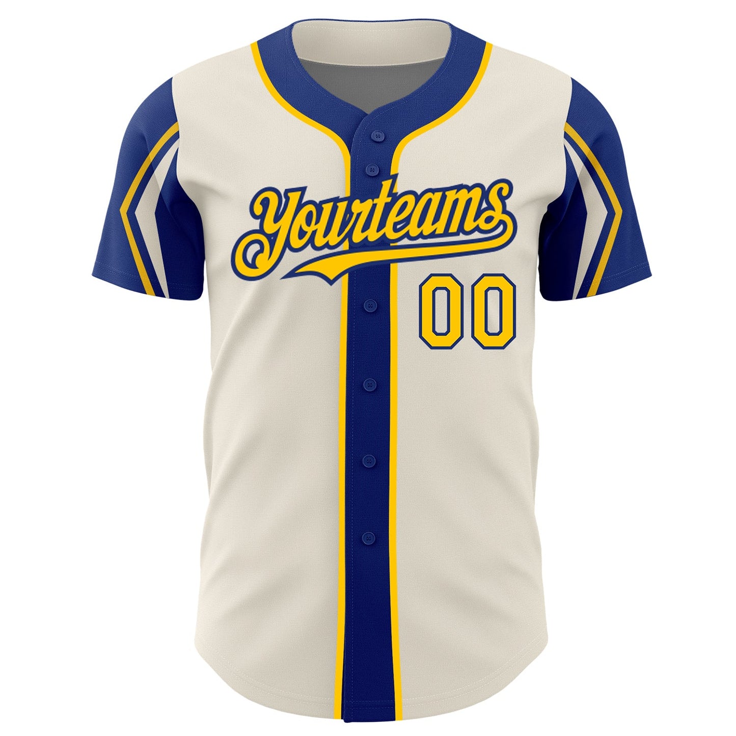 Custom Cream Yellow-Royal 3 Colors Arm Shapes Authentic Baseball Jersey view 3