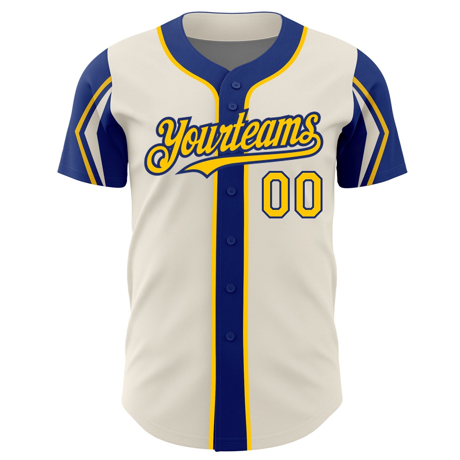 Custom Cream Yellow-Royal 3 Colors Arm Shapes Authentic Baseball Jersey view 3