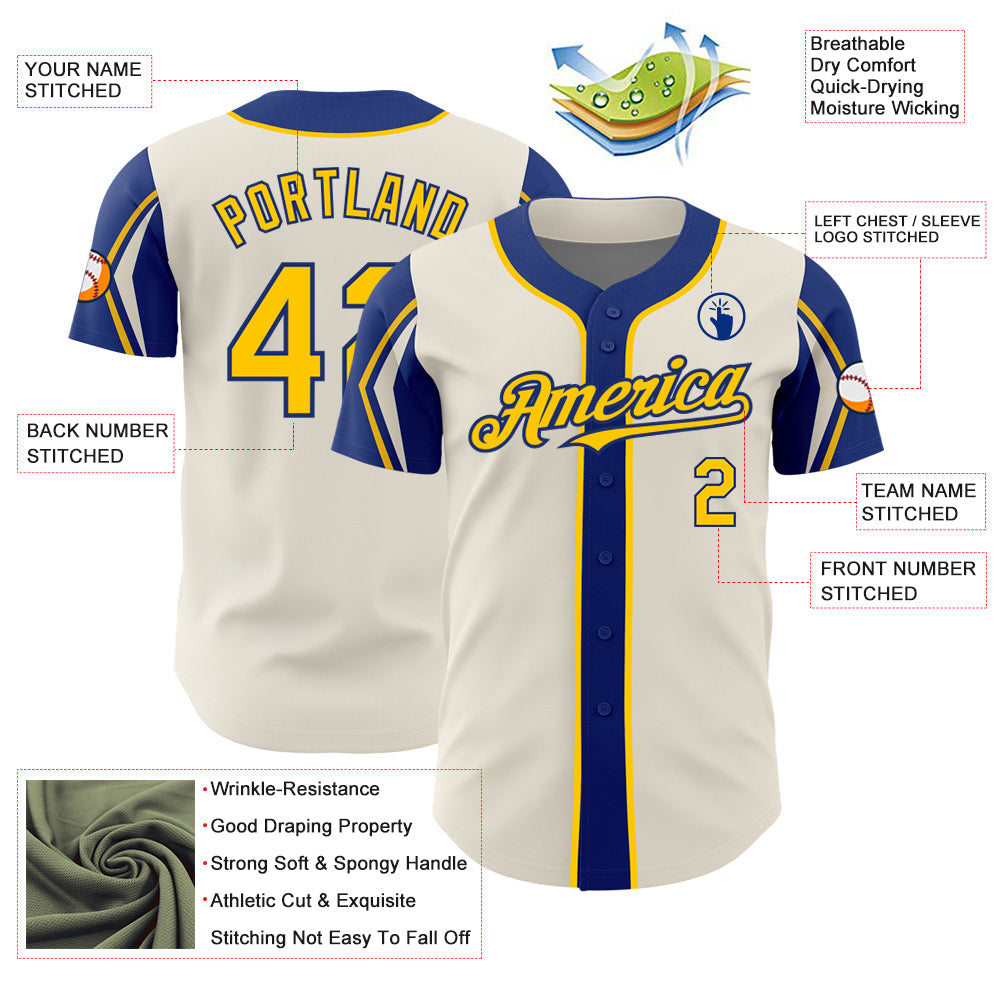Custom Cream Yellow-Royal 3 Colors Arm Shapes Authentic Baseball Jersey view 4
