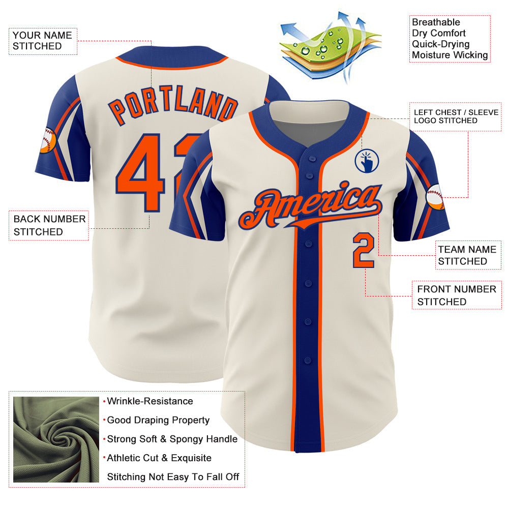 Custom Cream Orange-Royal 3 Colors Arm Shapes Authentic Baseball Jersey view 4