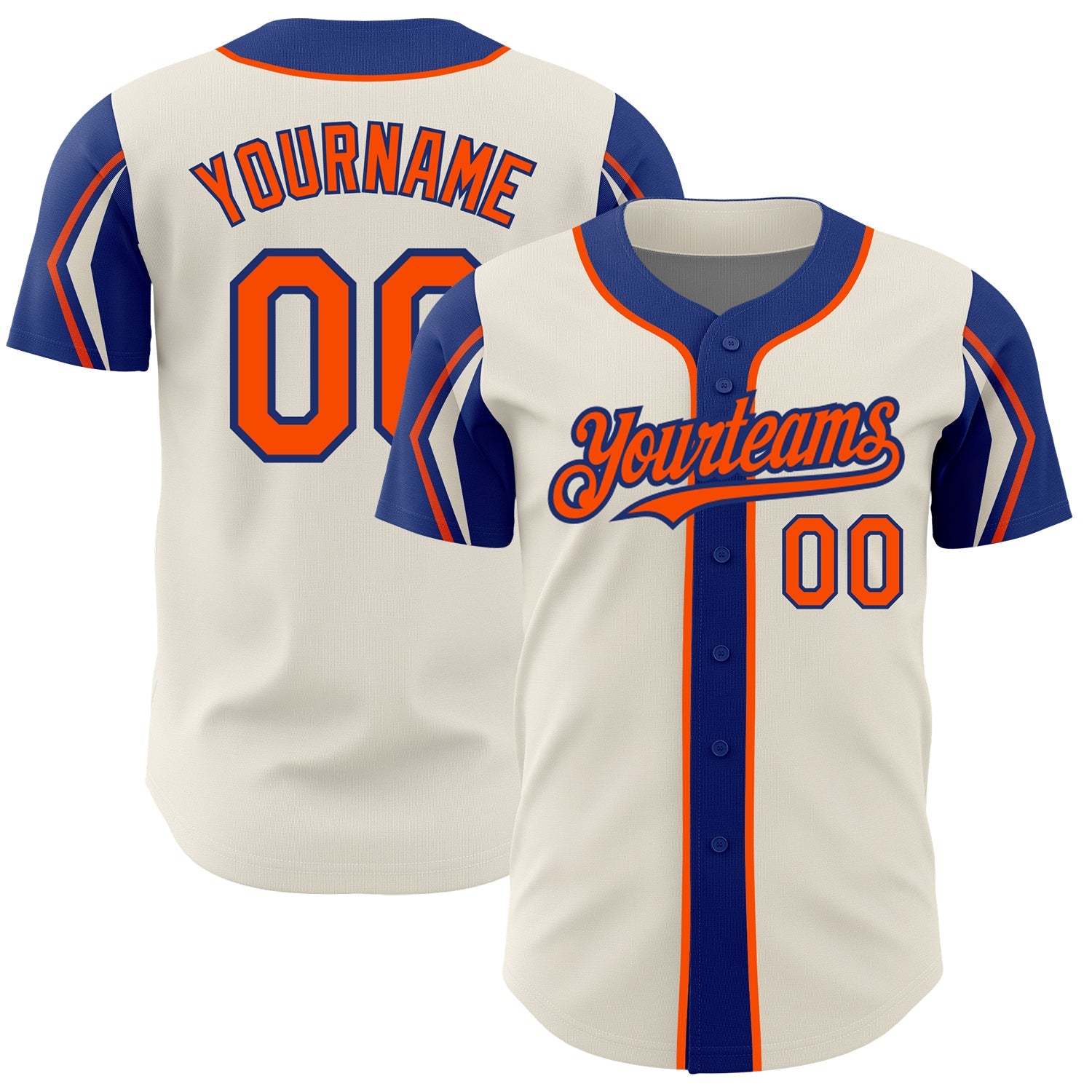 Custom Cream Orange-Royal 3 Colors Arm Shapes Authentic Baseball Jersey - Main View