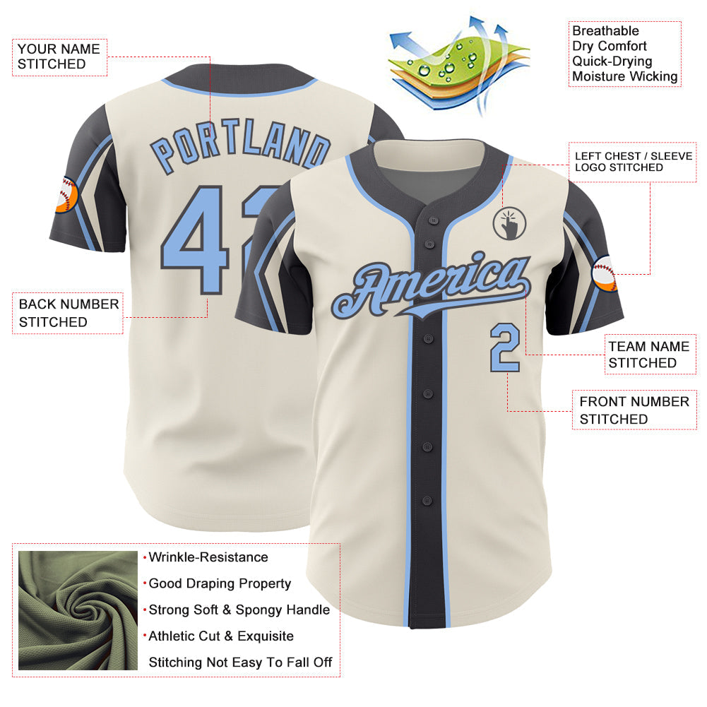 Custom Cream Light Blue-Steel Gray 3 Colors Arm Shapes Authentic Baseball Jersey view 4