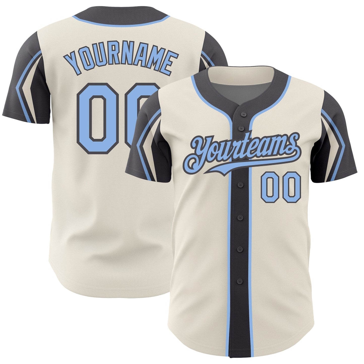 Custom Cream Light Blue-Steel Gray 3 Colors Arm Shapes Authentic Baseball Jersey - Main View
