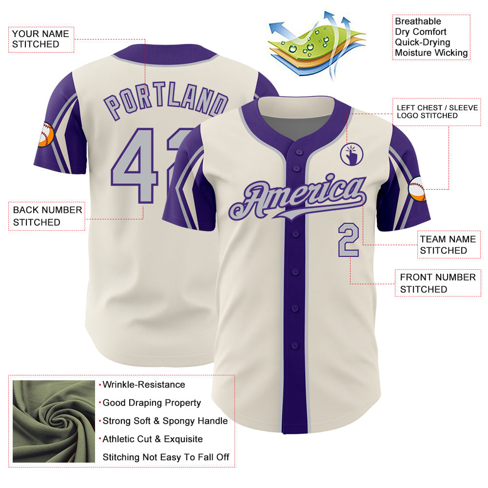 Custom Cream Gray-Purple 3 Colors Arm Shapes Authentic Baseball Jersey view 4