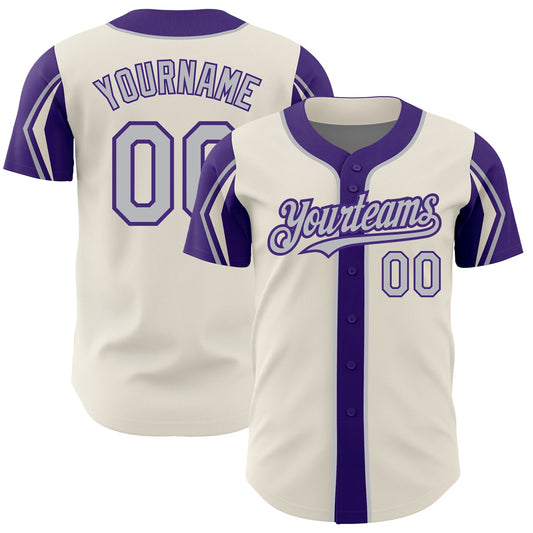 Custom Cream Gray-Purple 3 Colors Arm Shapes Authentic Baseball Jersey - Main View