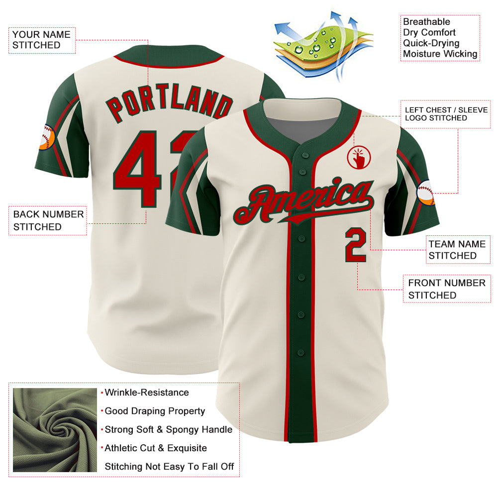 Custom Cream Red-Green 3 Colors Arm Shapes Authentic Baseball Jersey view 4